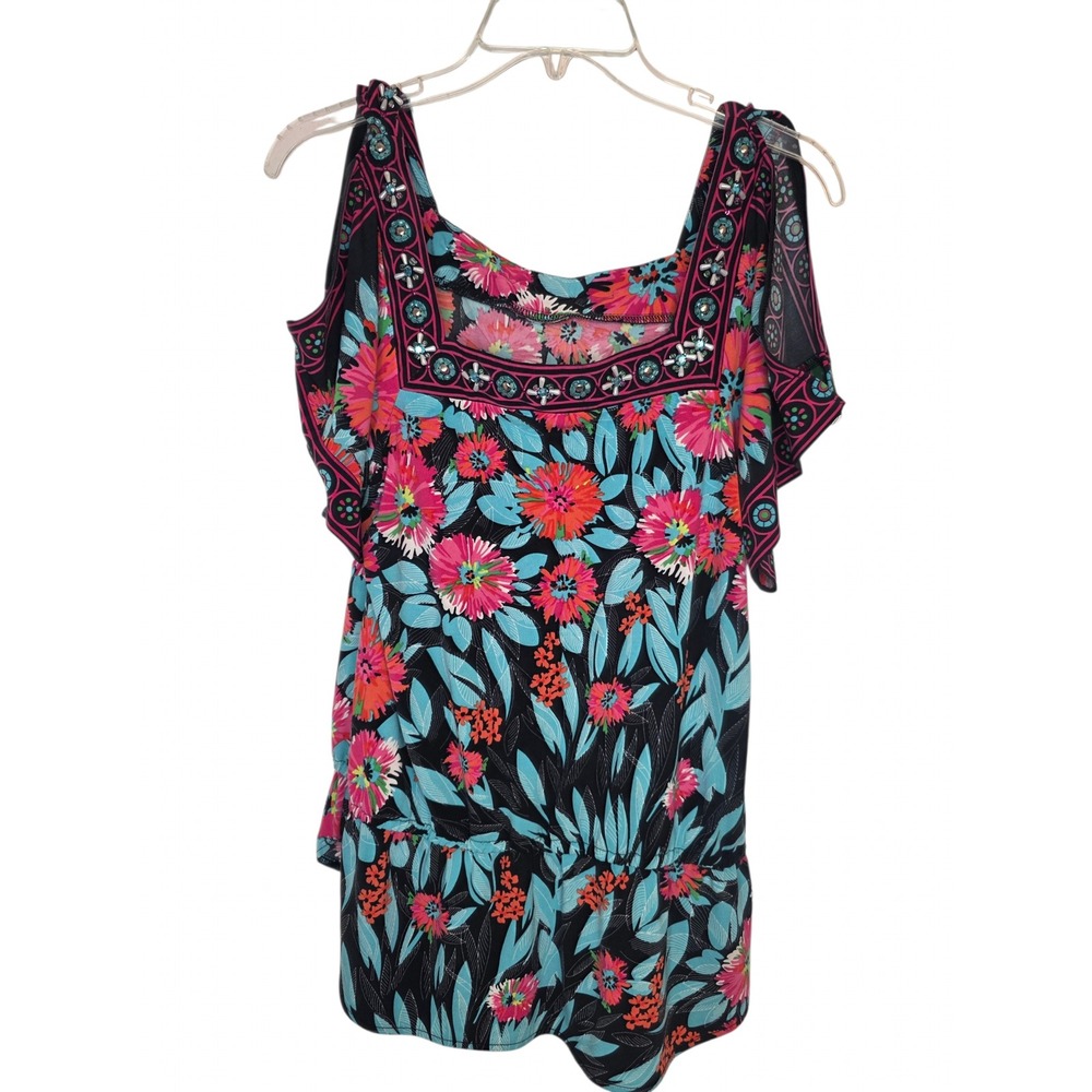 Floral Beaded Cold Shoulder Blouse Rhinestone Tropical Pink Blue Black Top S/M